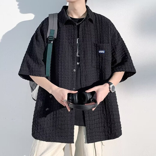Tang Hao Solid Color Waffle Short Sleeve Shirt Men's Summer American Retro Five-Sleeve Shirt Design Niche Casual Jacket White XL