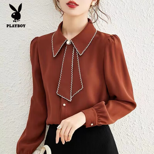 Playboy (PLAYBOY) Fashion Commuting Ribbon Shirt Women 2025 Spring and Autumn New Temperament Niche Versatile Professional Long Sleeve Bottoming Shirt Women Blue L