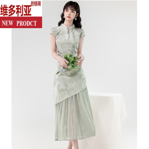 维多利亚的格调新中式年轻款独特漂亮掐腰连衣裙女新款2025夏季穿搭气质国风裙子 绿色 L