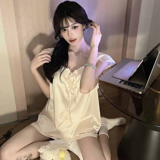 Xiwangchun fengfei feifei ärmepyjamas für Frauen mit Brustpolst 2025 Neue sexy Weste Set Sommer Dünne Heimkleidung 9227xi Feste Farbe Bogen Aprikotte Fixe Brustpolster L. L.