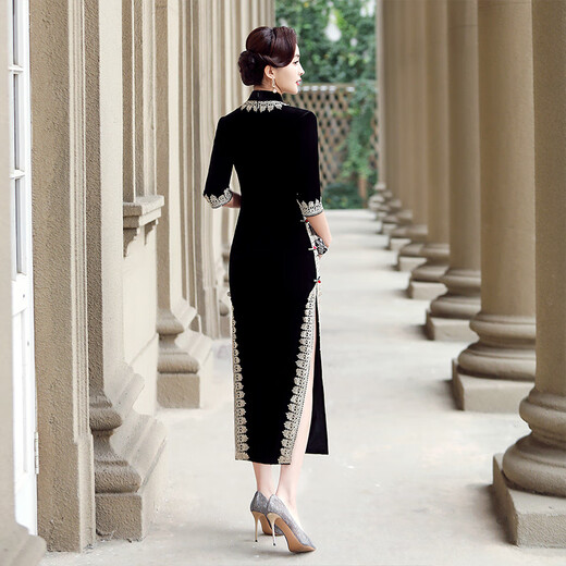 Hengyuanxiang gold velvet cheongsam burgundy 2025 new improved Chinese style women's long mother's dress wedding banquet autumn burgundy gold velvet L 103-113 Jin Jin equals 0.5 kg