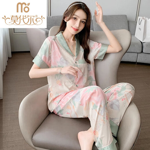 Modal internet celebrity summer pajamas for women ice silk peony flower short-sleeved trousers imitation silk thin home clothes for outdoor wear set 9905 short-sleeved trousers M