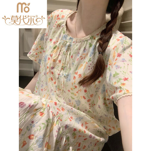 MODAL Princess Style Pyjamas Frauen Sommer mit Brustgebäck pastoraler kurzärmeliger Nachtkleid 2025 Neue Heimkleidung 16864 Pink Blumengrün Blatt feste Brustpolster 2xl 175