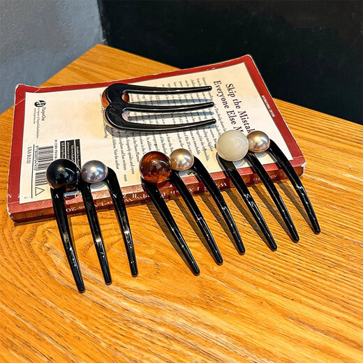 Mansheng Japanese and Korean high-end three-tooth pearl hairpin for women 2025 new style temperament bun hair on the back of the head with ball hairpin hairpin black