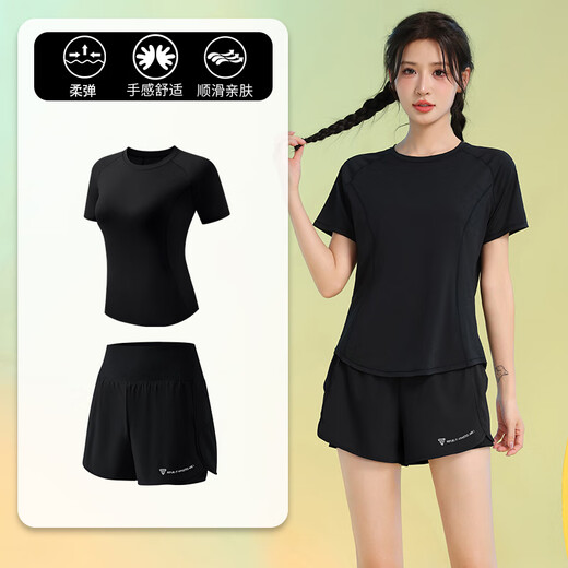 百思绒高颜值跑步运动套装女短袖薄款速干纯色训练服防走光短裤瑜伽服