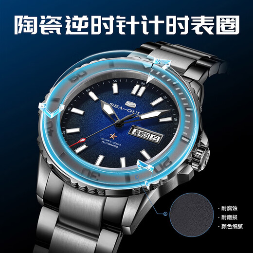 
Seagull Watch Men's Watch Diving Watch Double Calendar Depth Waterproof Mechanical Watch Steel Belt Ocean Series 1047 Sea Sand Silver
