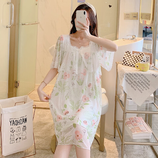 雅鹿花边网纱睡裙女莫代尔夏季2025年新款甜美冰丝睡衣少女短袖家居服 MY_W7371#短袖裙植物小花 M