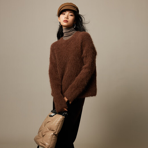 ROMON high-end brand sweater for women Maillard color 2025 spring and autumn sweater for women fur silhouette round neck top dark coffee single size / slight hair loss / mind careful shooting / flat drying