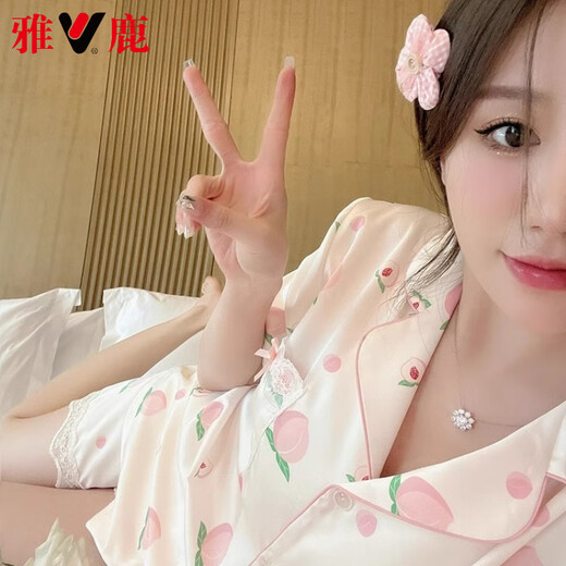 Yalu Light Luxury Silk Pajamas for Women in Summer Thin Sweet Lace Peach Short Sleeve Trousers Three-piece Set for Outdoor Home Clothing Peach [Short Sleeve + Trousers] 9905 M [80-100Jin [Jin equals 0.5 kg]]