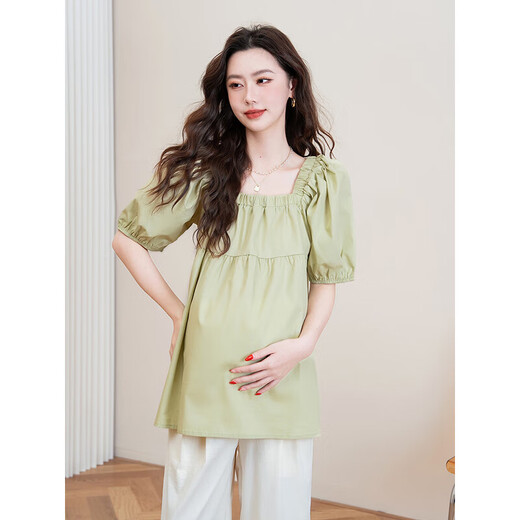 Er Jiagong, schwangere Sommer-Single-Anzug von Frauen 2025 Neues modisches und modisches, farbigem Quadratkragen losen Bauch Cover Kurzarm Shirt Top Yellow Top XL (125-145jin [Jin ist gleich 0,5 kg])