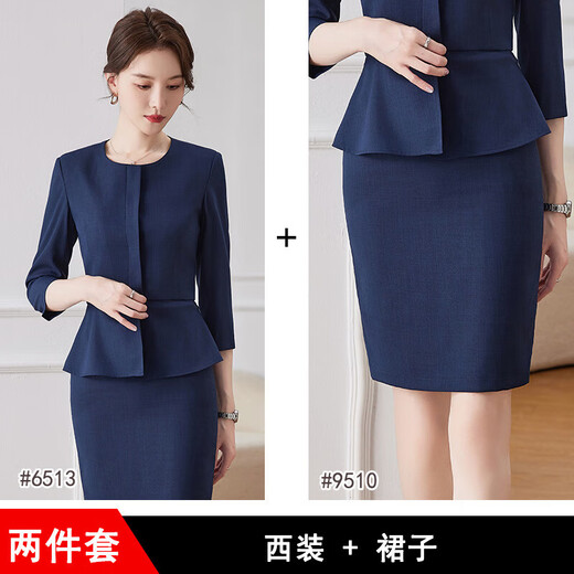 春秋季新款蓝色七分袖小西装外套女美容院珠宝店两件套装职业装 黑色 西装+裤子（JY6210） L