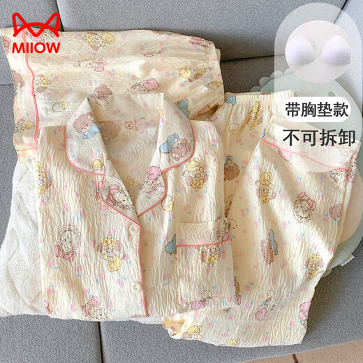 猫人（MiiOW）带胸垫彩色波点睡衣女短袖长裤夏款纯棉纱布三件套开衫家居服夏季 (没有胸垫)云朵棉-9905#黑爱心三 M 【建议75-100斤】