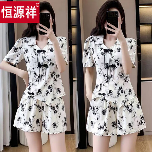 恒源祥夏季中国风盘扣水墨印花休闲两件套装女时尚洋气减龄短袖阔腿短裤 两件套 S 建议65-80斤