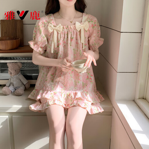 雅鹿带胸垫睡衣女款2025年新款夏季薄款复古碎花云朵棉短袖家居服 449-9902-2-双蝶结短套-粉花 可 M 【推荐80-100斤】