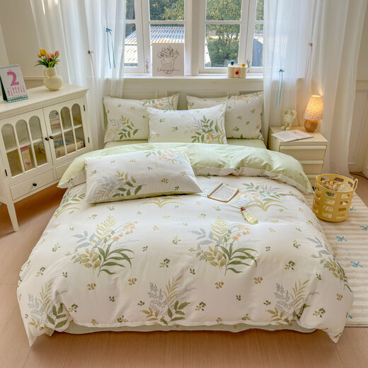 Mercury series small fresh 80 count pure cotton bed four-piece set 100% cotton bedding floral quilt cover dormitory bed sheet three-piece fitted sheet style dense leaf fitted sheet style 1.8m four-piece set