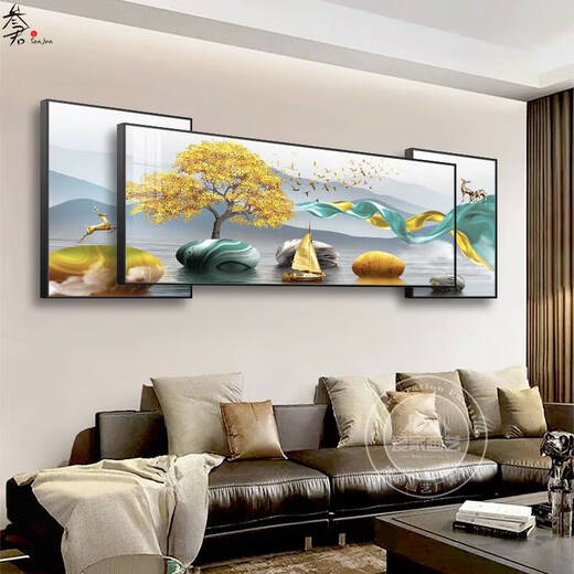咏幻客厅墙壁画挂画沙发背景墙装饰画感客厅大白墙客厅叠加画 K829/金鹿+财 叠加总长50*160cm/晶瓷画/金铝
