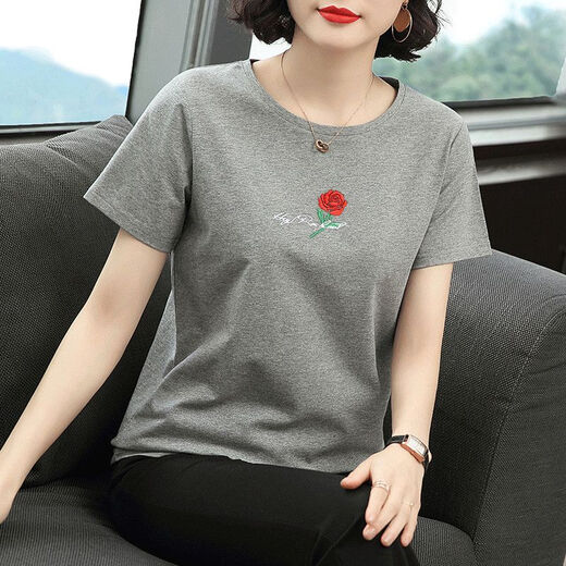 SuoWANYI (SUOWANYI) middle-aged mother short-sleeved T-shirt for women in summer loose large-size black round neck pullover old lady covering her belly summer suit 6628# (short) sleeve caramel rose M