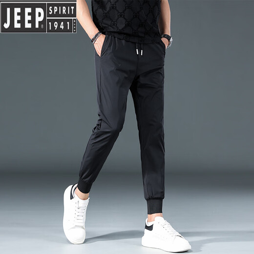 Jeep Spirit Feste Farbe Eisseide Harem Hosen Herren Sommer dünne elastische Taille Vielseitige Füße schnell trocken neun Punkte lässige Sporthosen schwarz 30