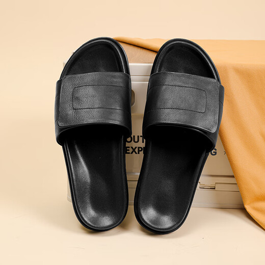 
HANG TEN slippers men's 2025 summer new genuine leather breathable outer wear non-slip flops fashionable and trendy versatile men's slippers black 40 (leather shoe size)