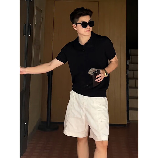 XUEDEYA old money style Henry collar knitted Polo shirt cotton and linen blended shorts boys summer wear handsome suit floral gray M (suitable for 100-115 Jin Jin equals 0.5 kg)