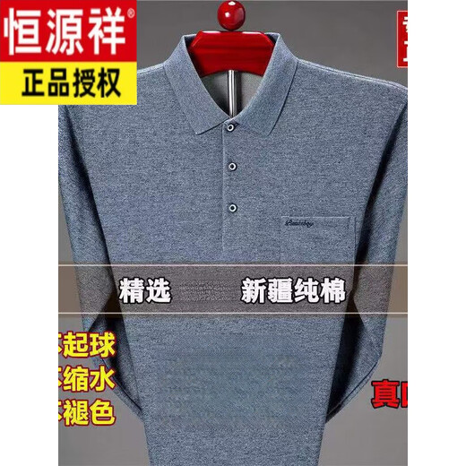 恒源祥春秋新品纯棉长袖T恤男翻领保罗衫中老年人宽松真口袋爸爸装t恤衫 9902蓝色 M 165建议90-120斤