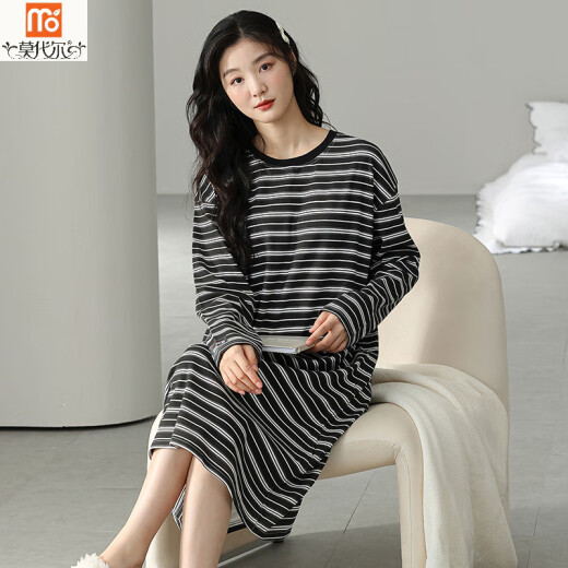 Modal pajamas for women in summer 2025 new nightgown for spring and autumn long-sleeved pure cotton feeling in autumn and winter can be worn on the outside striped home W9767 long-sleeved nightgown XL 110-125Jin [Jin equals 0.5 kg]