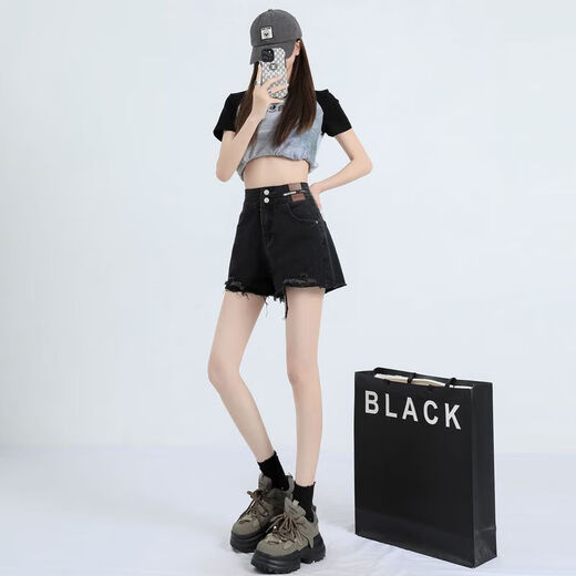 Yanrui Black Furrowed Denim Shorts für Frauen im Sommer 2025 Neues Doppelknopf-Design mit hoher Taille locker A-Line-Weitbeine schwarz qgq2047 m [100-110jin [Jin entspricht 0,5 kg]]
