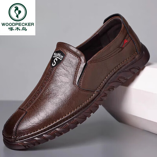 Woodpecker leather shoes men's 2025 new men's shoes spring and summer breathable business casual shoes soft leather cow tendon sole single shoes bean dou shoes 6198 new khaki rubber sole 39