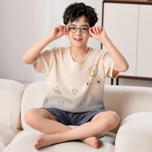 曼妮朵儿童睡衣夏季纯棉短袖长裤可爱卡通青少年学生男孩男童薄款家居服 F724【双短】 170 XL码建议165-170cm