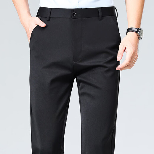 Yuqianya planchado gratis pantalones casuales elásticos de cuatro lados para los hombres delgados seda delgada de hielo delgado pantalones de negocios delgados para hombres Pantalones delgados de verano [verano] 722-negros delgados 35