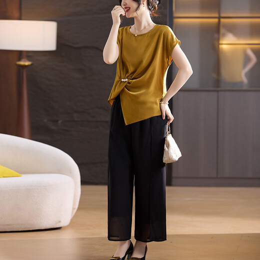 拉夏贝尔（La Chapelle）夏装套装休闲阔腿裤两件套2025新款女宽松上衣休闲时尚百搭气质 黄色 XL 推荐105斤以内