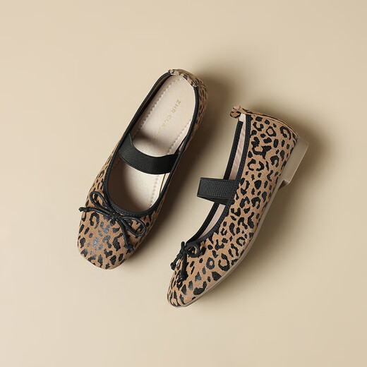 ZHR Single Shoes Damen Sommertemperament Bow weiche flache Mary Jane Lederschuhe Frauen flacher Mund Ballett Frauenschuhe AH683 Leopardendruck 39