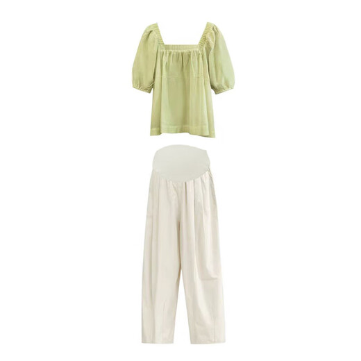 Er Jiagong, schwangere Sommer-Single-Anzug von Frauen 2025 Neues modisches und modisches, farbigem Quadratkragen losen Bauch Cover Kurzarm Shirt Top Yellow Top XL (125-145jin [Jin ist gleich 0,5 kg])