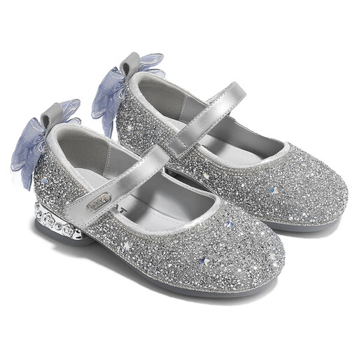 Saturday Children's Shoes Children's Princess Shoes 2025 Autumn New Girls Soft Soled Crystal Shoes Girls Beautiful High Heels Leather Shoes Women Glazed Silver 29 Shoe Inner Length 18.8cm/Suitable for Foot Length 18.0cm