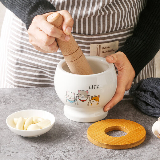 Cartoon cat ceramic jar garlic artifact mortar garlic household garlic masher grinder masher medicine jar garlic jar cup B style cartoon cat 600ml