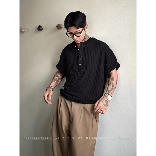 Du Xiaoxian old money style Henry collar short-sleeved polo shirt men's summer textured knitted striped t-shirt cleanfit half-sleeved white XL recommended 120-140Jin Jin equals 0.5 kg