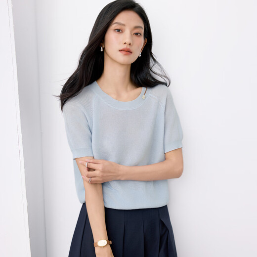 Eifli (eifini) eifli suéter de manga corta para mujeres en verano delgada e inclusive diseño de la base de la base del hombro 2025 Summer nuevo estilo azul M