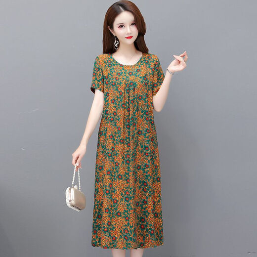 Hanqing Zhongsu Summer Floral Cotton Silk Robe Fomen in Women's Summer Round Coul Round Style Co dans la mode de grande taille de grande taille du tempérament d'âge moyen 9923 Modèle n ° 3 XL (Recommandé 90jin [Jin est égal à 0,5 kg] -120jin [Jin est égal à 0,5 kg]))