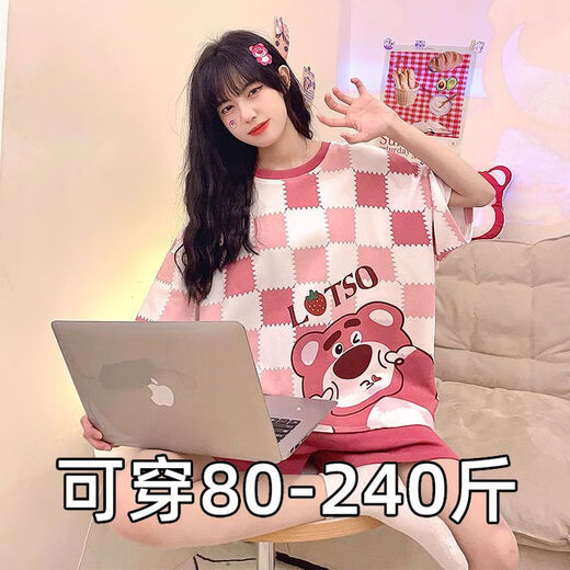 浪莎2025新款夏季短袖睡衣女可爱卡通草莓熊大码胖mm可外穿家居服套装 693黑笑脸 M[建议80-90斤] 均码