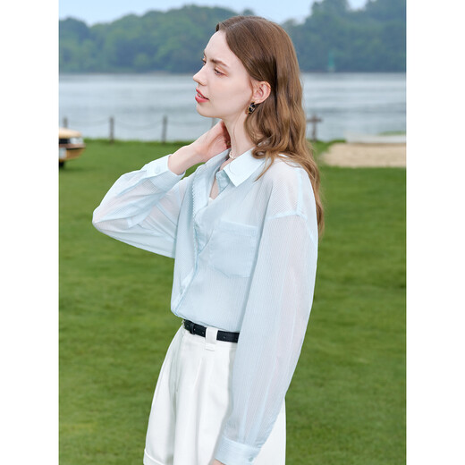
Baitu betu women's clothing 2025 summer new shirt texture micro texture striped shirt thin coat for women 2507T31 light blue M