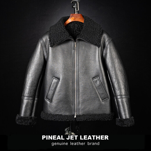 PJL new men's short fashion casual genuine leather fur one-piece wool lapel sheepskin leather jacket black M (130Jin Jin is equal to less than 0.5kg)