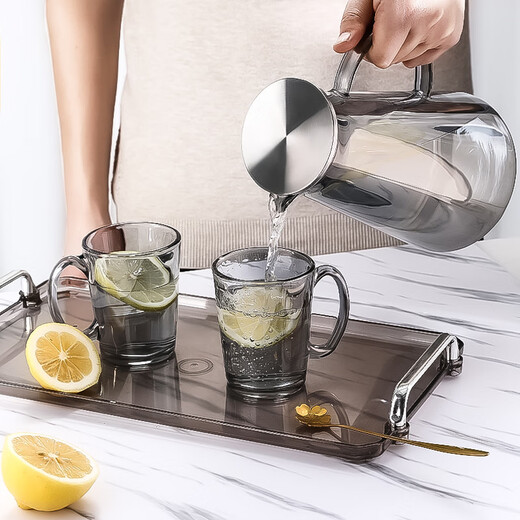 Fat Dongli glass water cup household complete set of living room tea cup set for entertaining guests drinking cup with handle high-value tea set graphite gray handle cup 6 pieces + black stand + kettle + ash tray