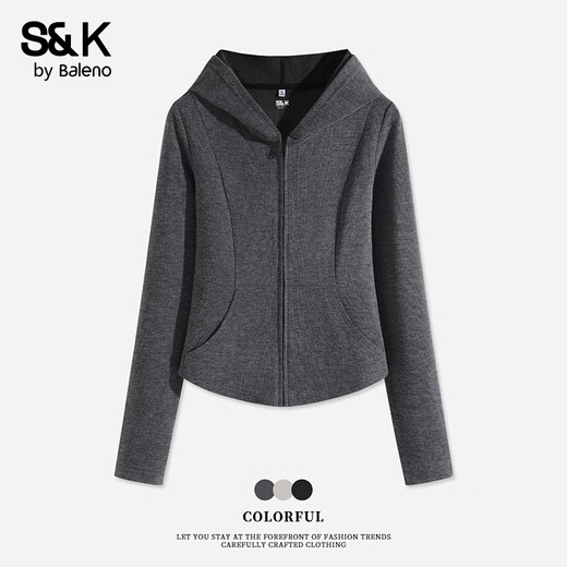 Baleno S&K series cardigan hooded sweatshirt short coat women's autumn and winter women's new simple versatile sports style top dark gray #solid color XL fashionable and versatile