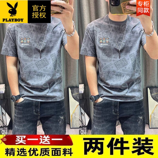 Playboy (Playboy) 2025 Summer Nueva camiseta de manga corta para hombres Estampado de cuello redondo versátil impreso de cuerpo completo