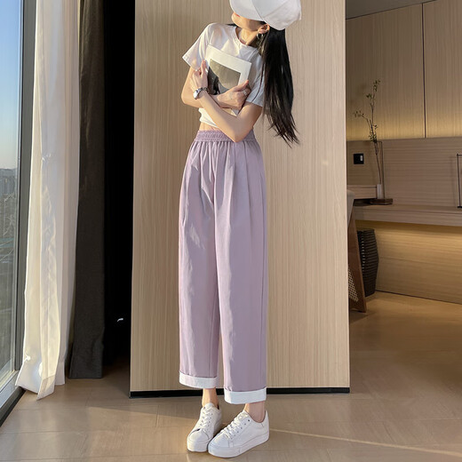 浅紫色冰丝哈伦裤子女2025新款夏季薄款冰丝裤大码显瘦休闲直筒裤 深灰九分 2XL 码 建议130-145斤