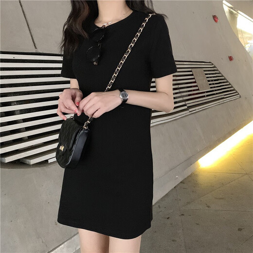 AFTER MONDAY2025 summer Korean style slim solid color short-sleeved T-shirt women's mid-length dress women's clothing 6624* pink M
