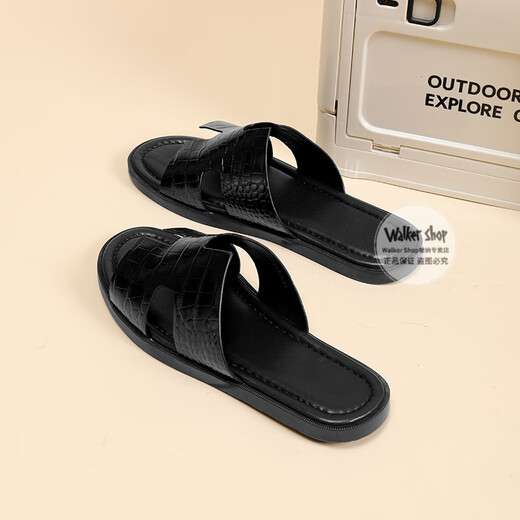 Walker Shop Herren-Sandalen [bevorzugte Top-Layer-Cowide] Neue One-Shot-Flip-Flop-Sommer-Tragen koreanischer Stil personalisierter Strandschuhe schwarz 41