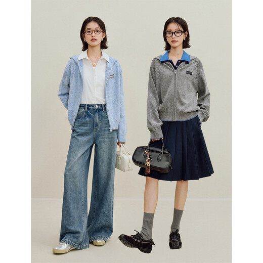 茵曼彩点撞色连帽针织开衫2025秋季女装新款休闲通勤宽松毛衣外套 浅蓝色 S