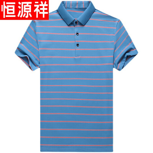 恒源祥短袖T恤男夏季中年爸爸装大码商务休闲纯棉条纹翻领POLO打底衫 HFX695蓝色 2XL 180【160-180斤】