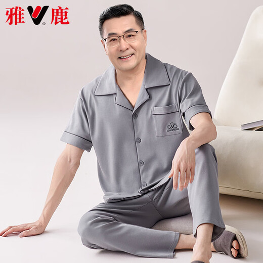 
Yalu Middle-aged and Elderly Men's Pajamas Pure Cotton Short Sleeve Long Trousers Spring and Summer Middle-aged Home Summer Thin Style LMSJ9214 3XL (170-190Jin[Jin equals 0.5 kg])